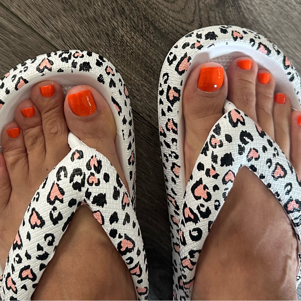 Sandals: White and Black Leopard Print Flip Flops- So light and comfortable
